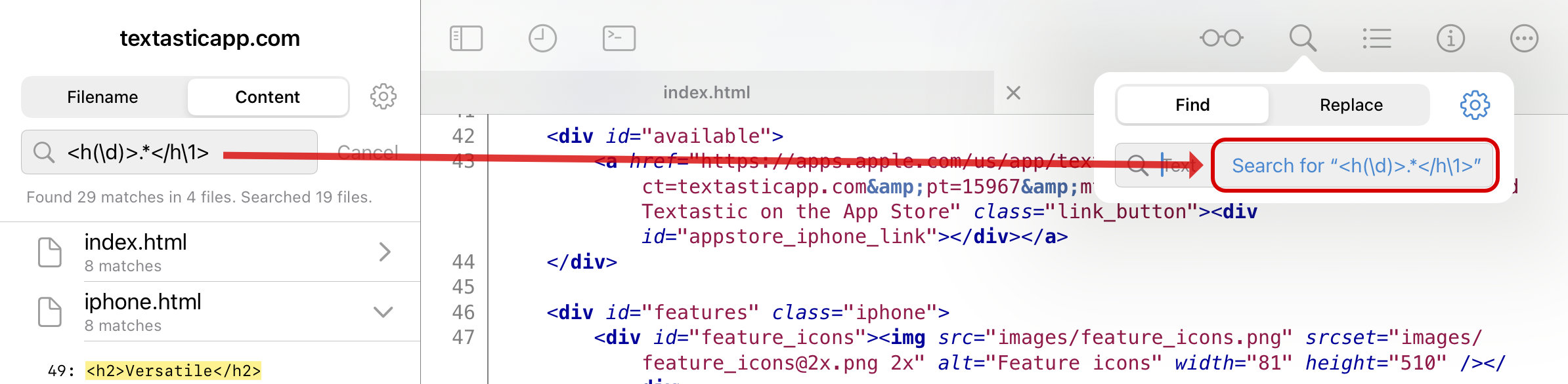File content search results