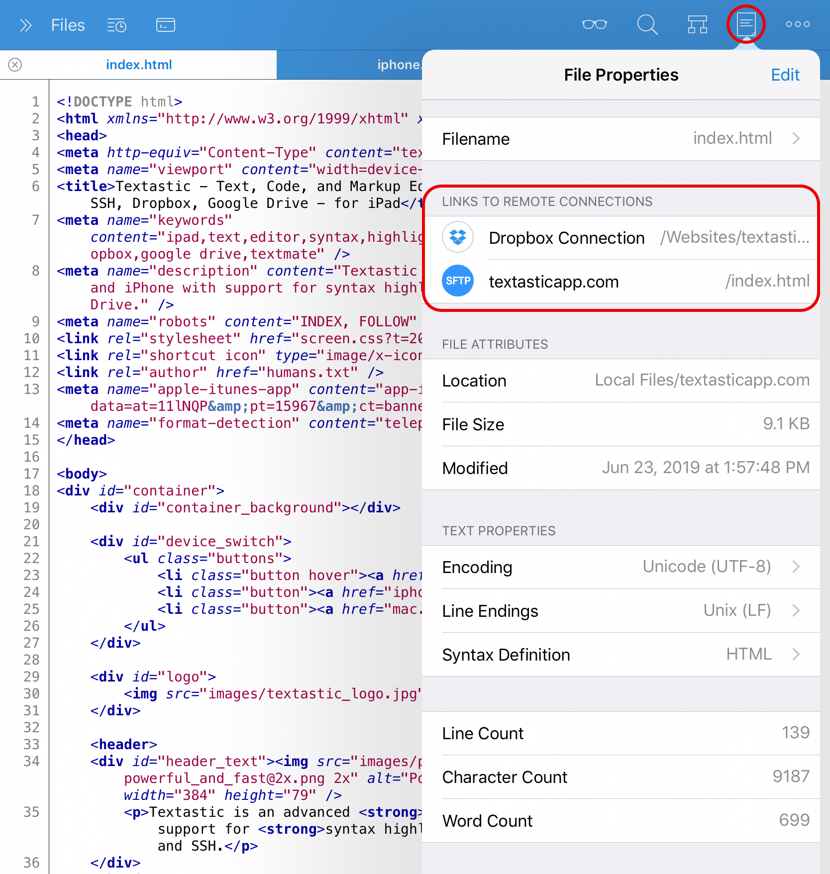 List of links to remote connections in file properties
