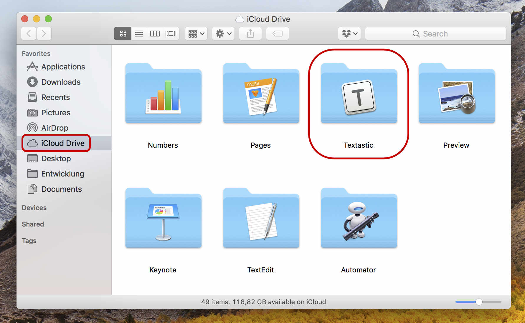 Textastic's iCloud Drive container in macOS Finder