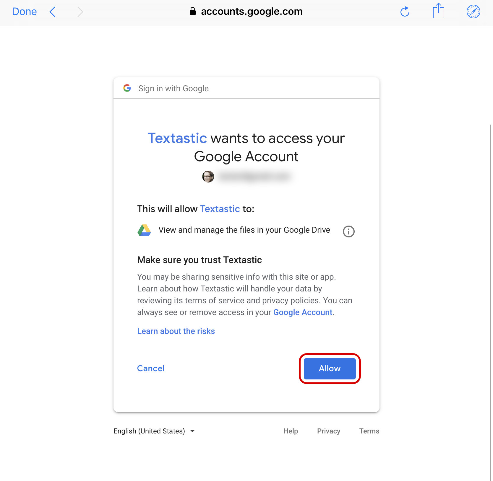Allow Google Drive access