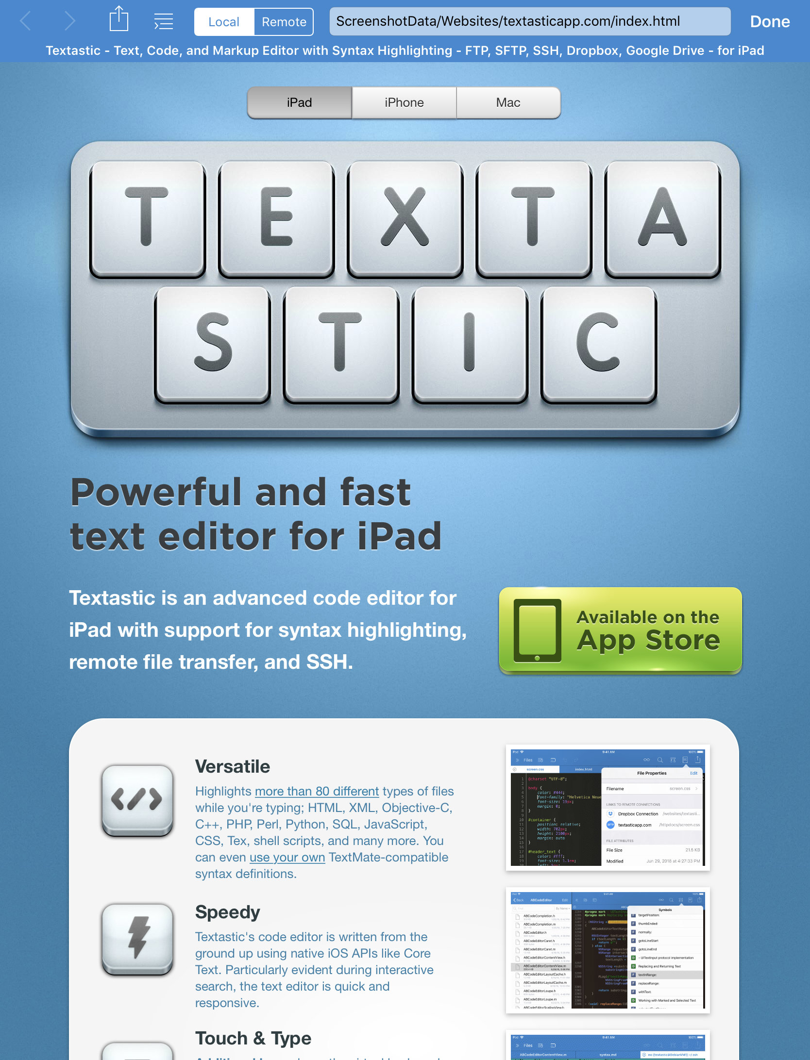 Web preview of Textastic website