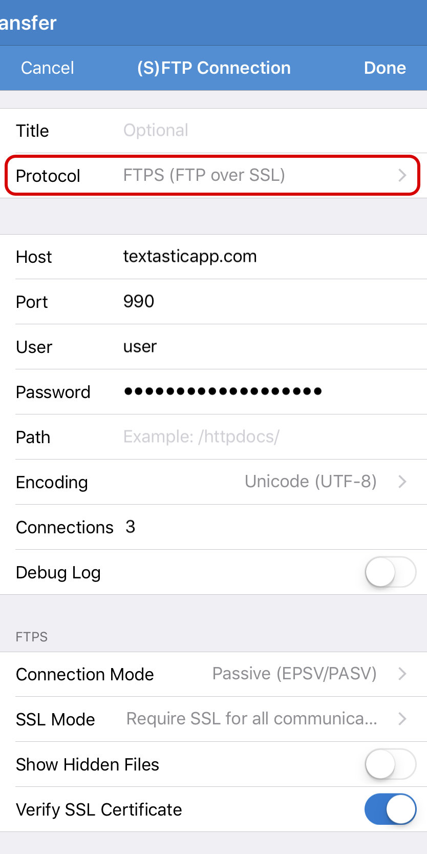 Configure an FTPS connection