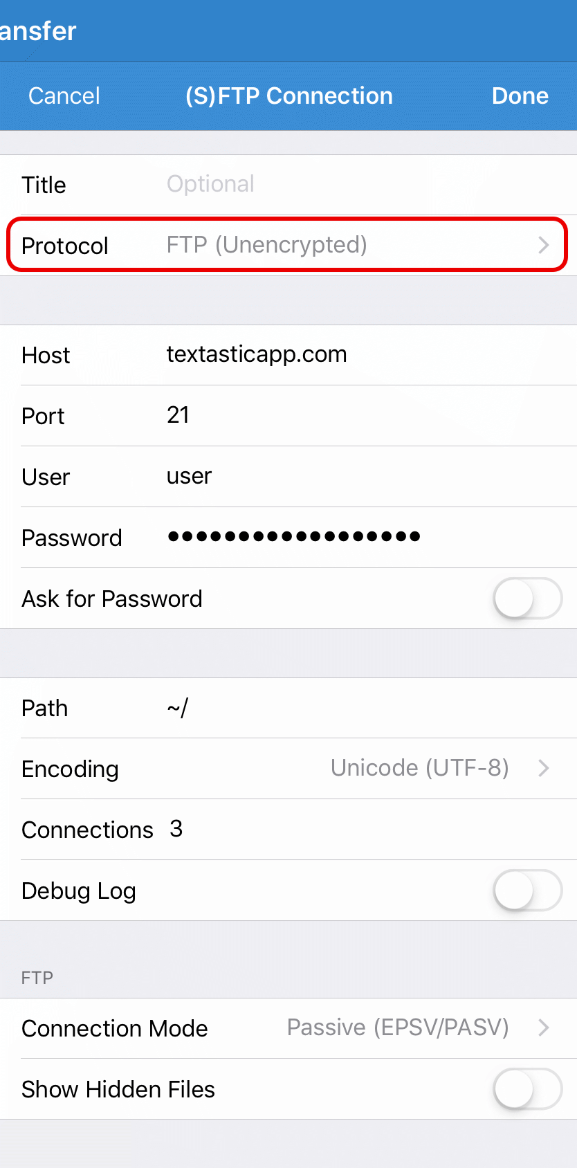 Configure an FTP connection