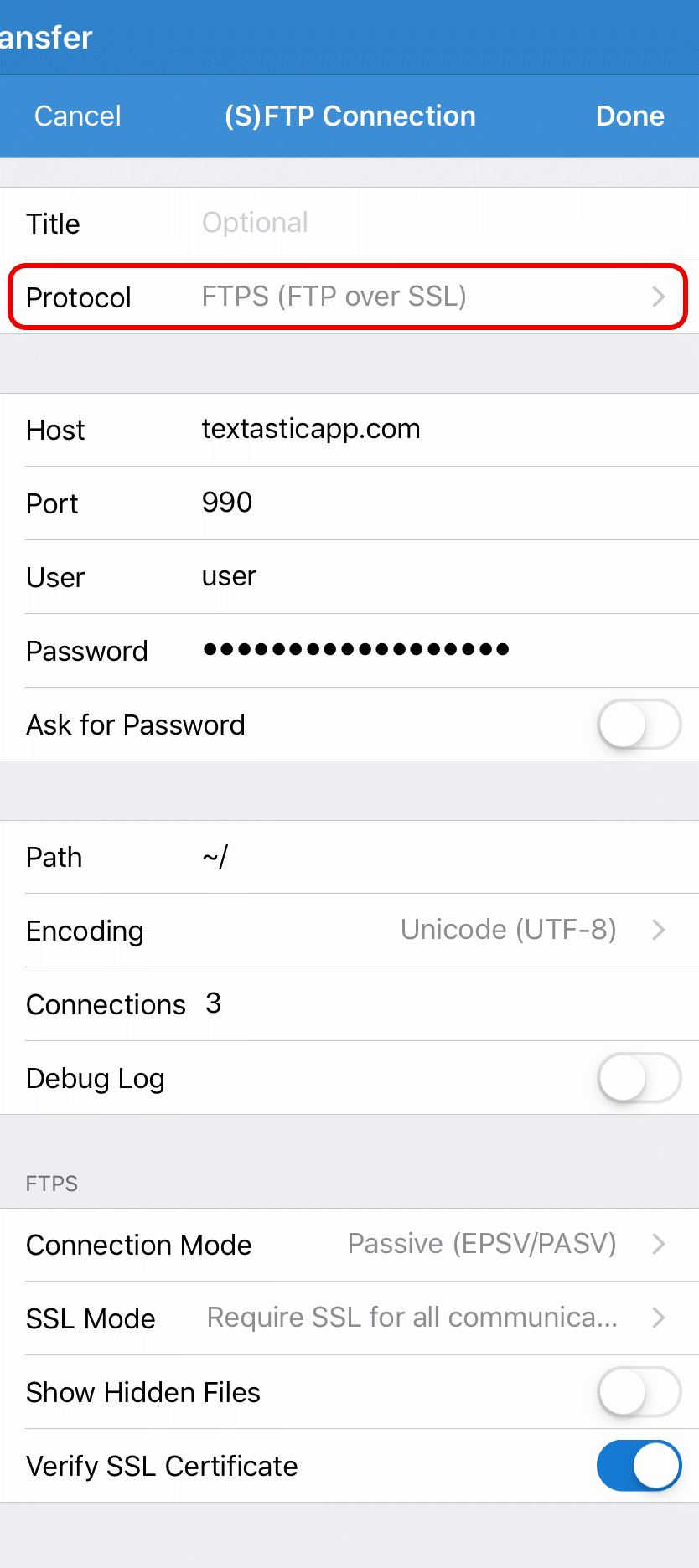 Configure an FTPS connection
