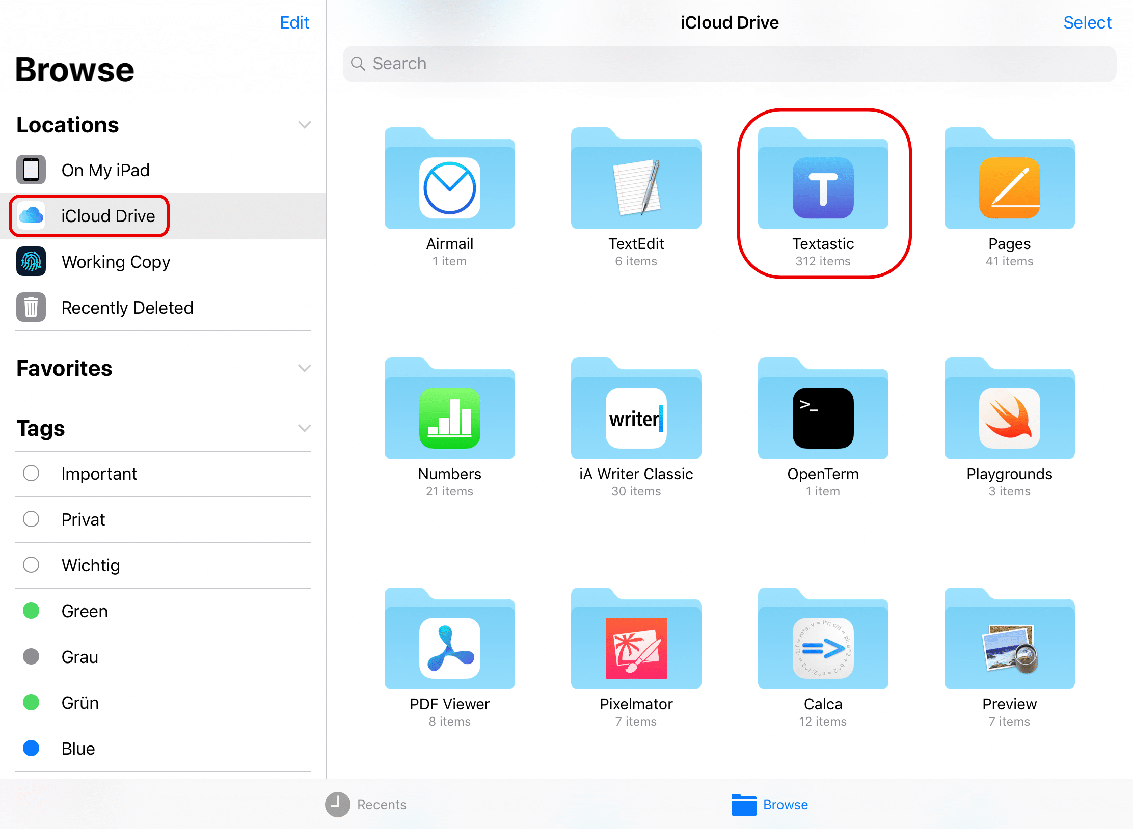 Textastic's iCloud Drive container in the iOS Files app