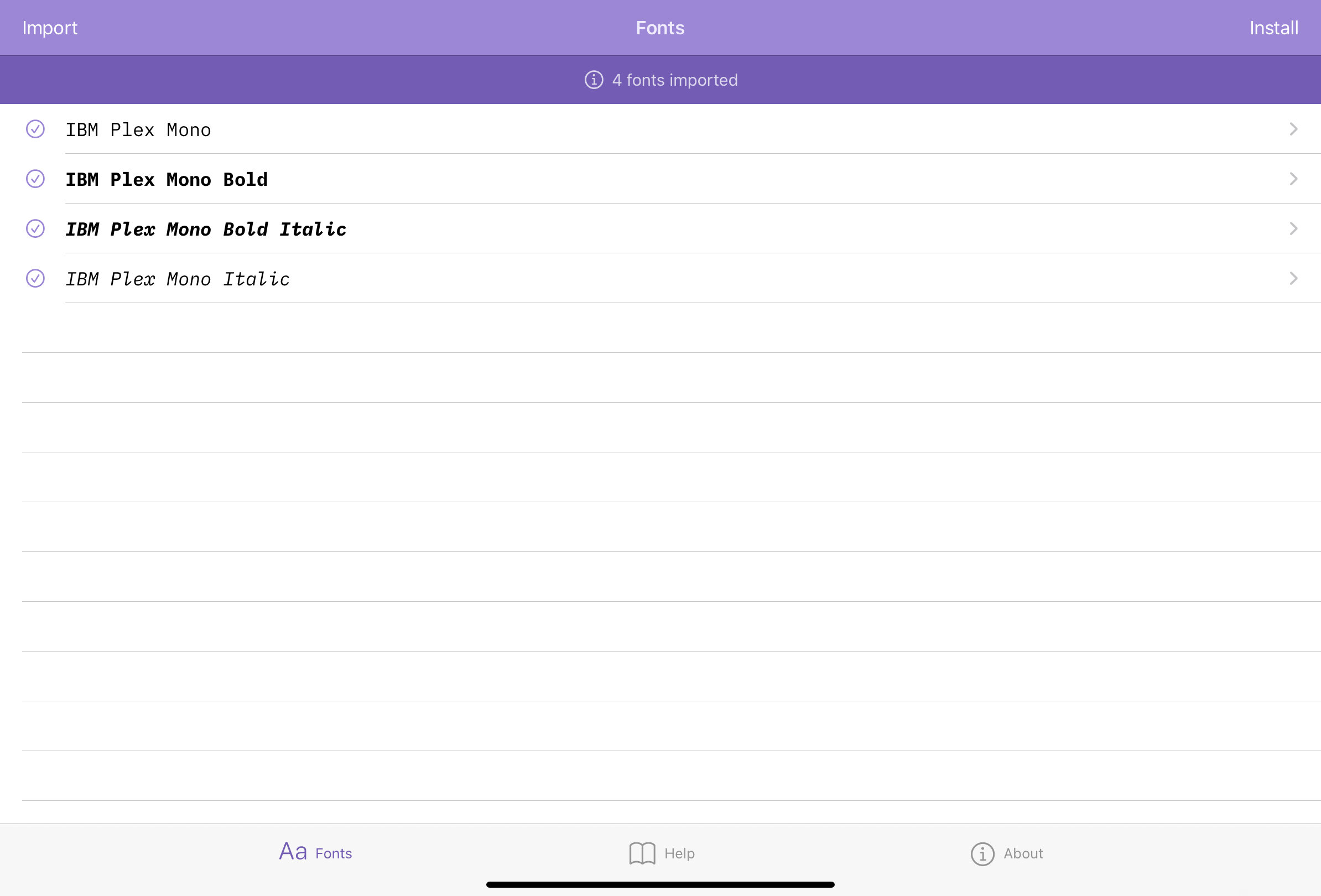 List of imported fonts in Fontcase