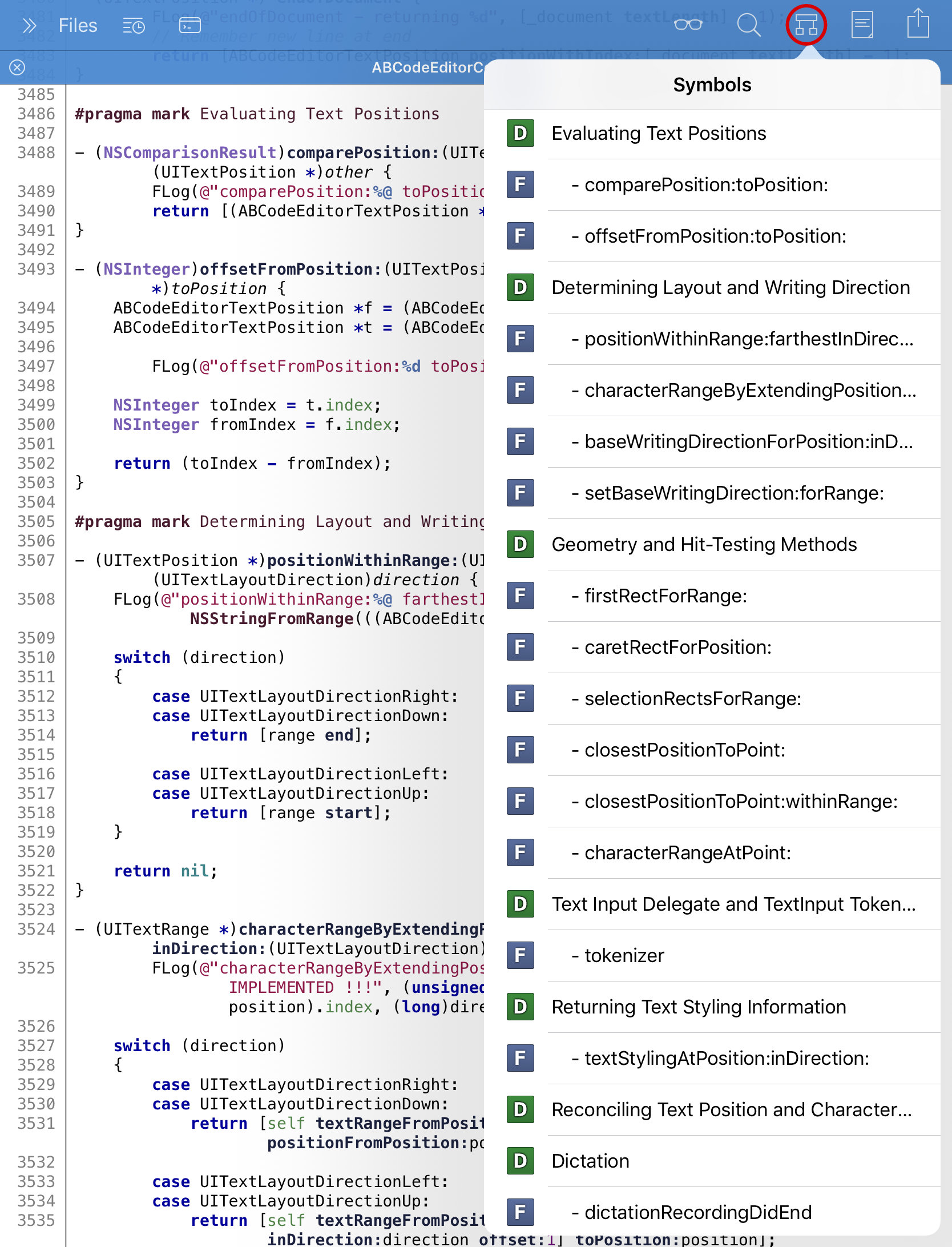 Symbol list with Objective-C file
