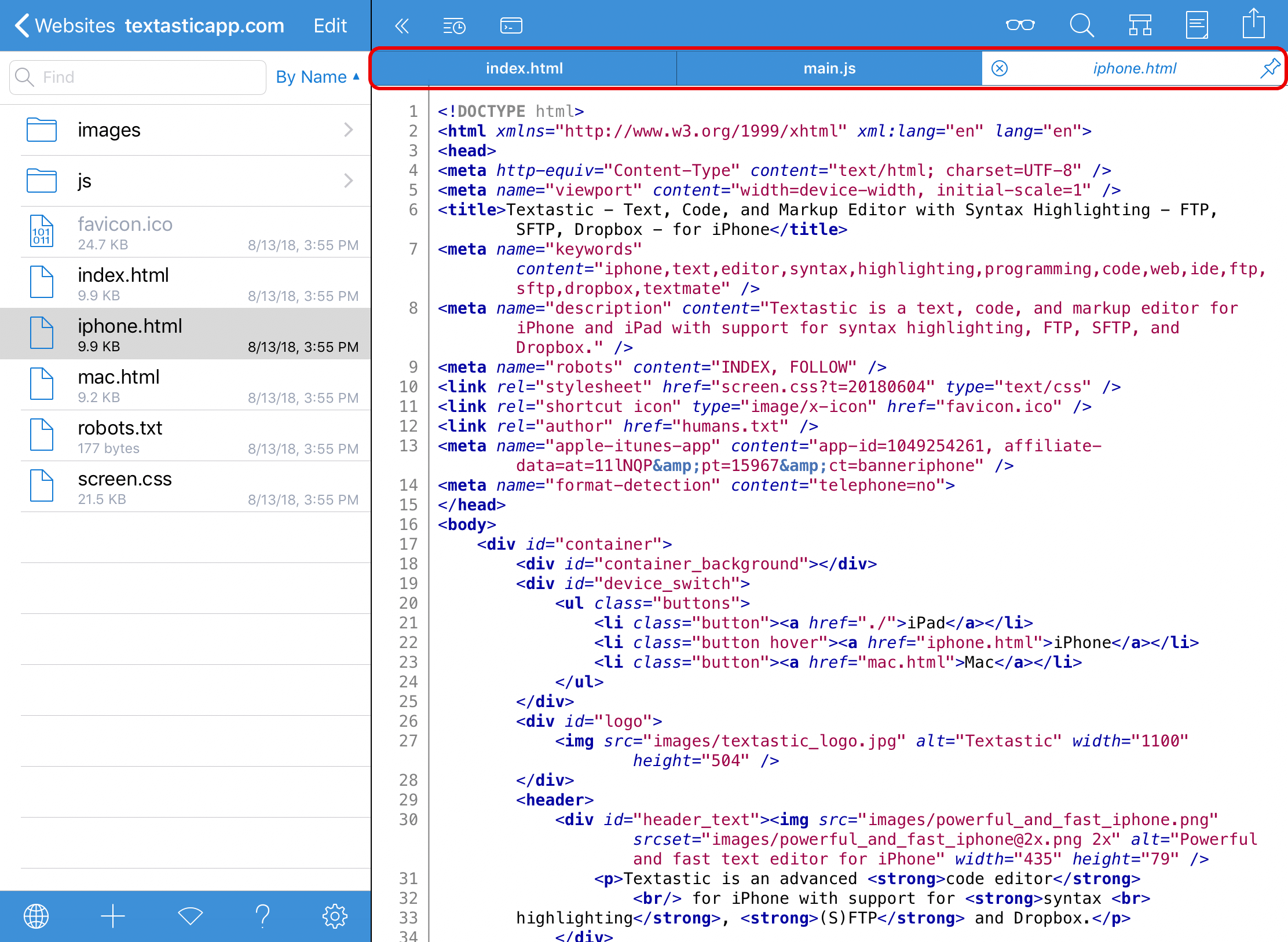 Tab bar with three open files