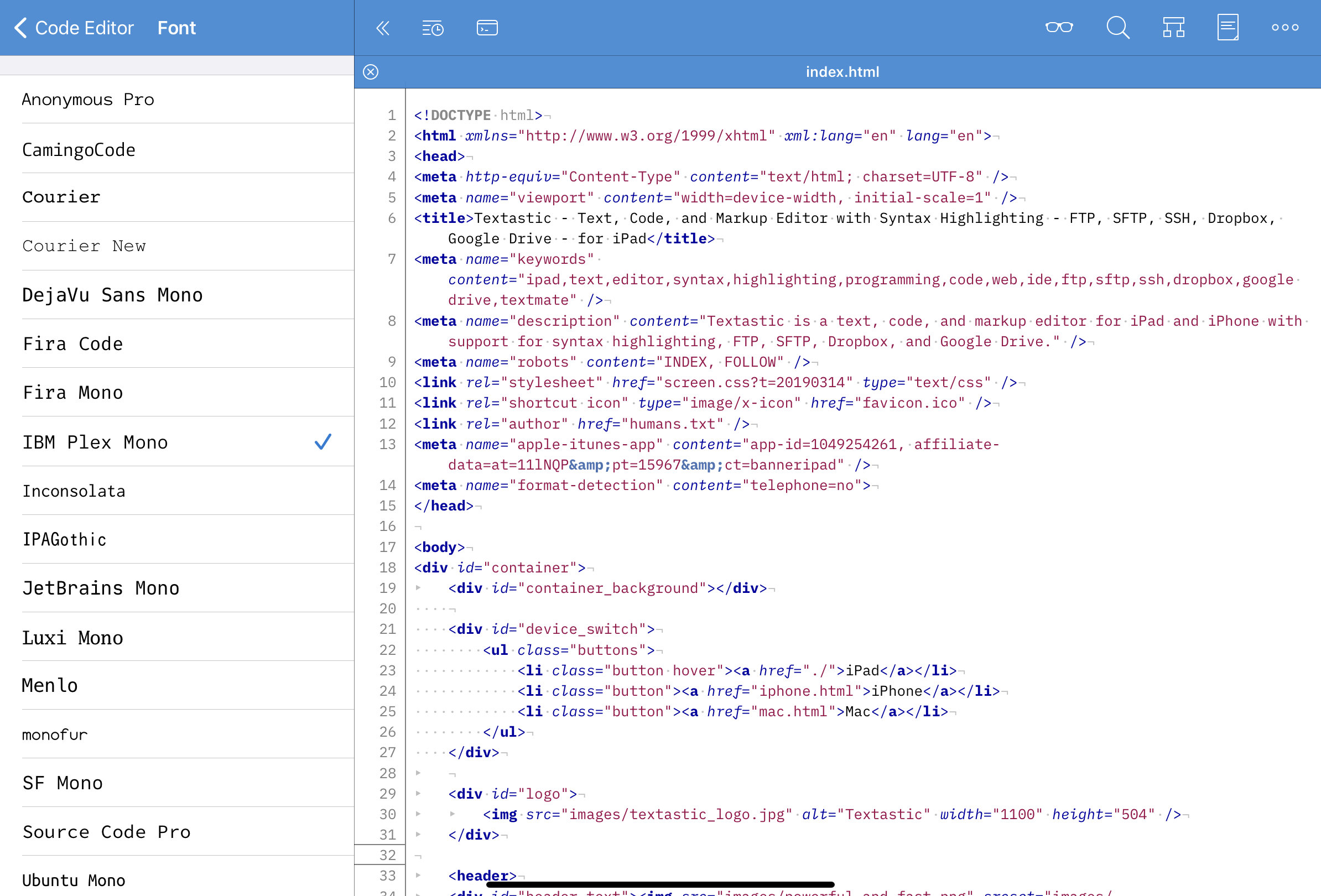 Custom IBM Plex Mono font in Textastic
