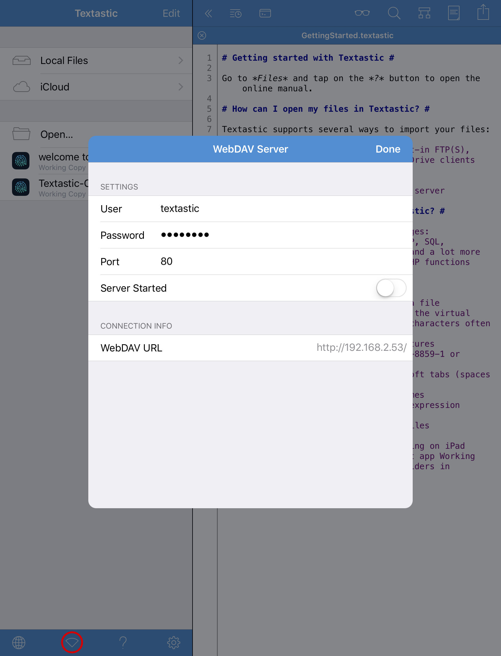 Connecting via Wi-Fi / built-in WebDAV server — Textastic 16.16