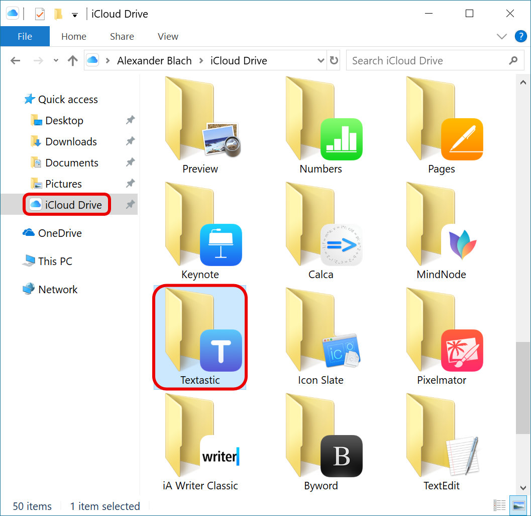 Textastic's iCloud Drive container in Windows Explorer